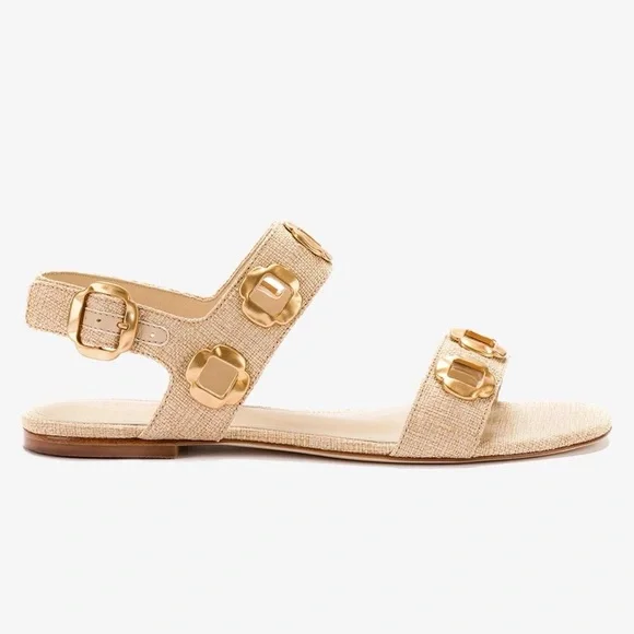 **NIB** Larroude Milan Flat Sandal In Beige Raffia - Picture 2 of 14